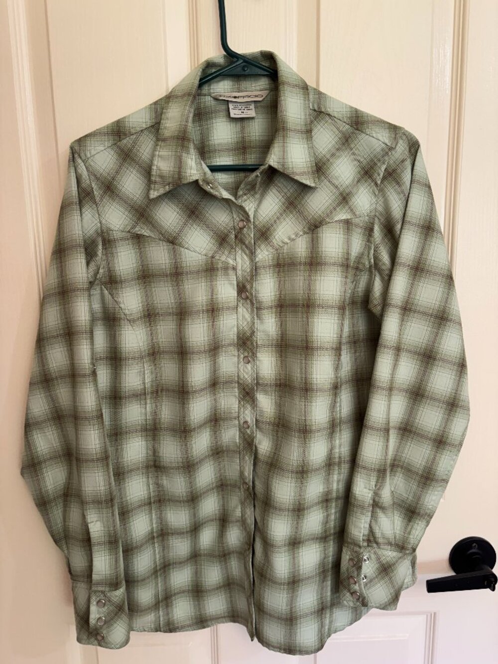 Exofficio 100% polyester green and white plaid flannel shirt size M